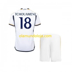 Camisola Real Madrid TCHOUAMENI 18 Criança Equipamento Primeiro 2023-2024 Manga Curta